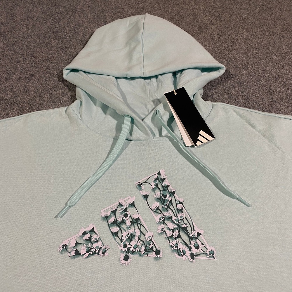 Adidas Trefoil Floral Logo Hoodie Womens XL Halo Mint Blue Flowers Pullover - Picture 4 of 16
